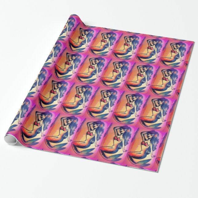 Papier Cadeau sirènes à poil foncé rose (Déroulé)