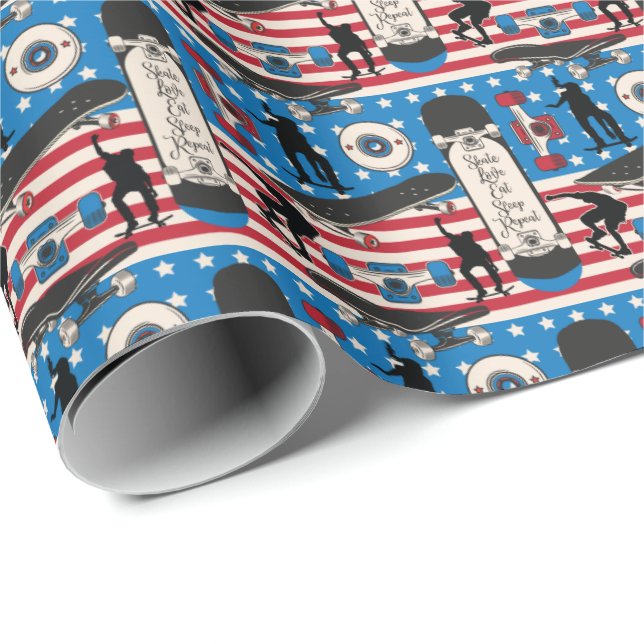 Papier Cadeau Skateboarding Patriotic USA (Coin rond)