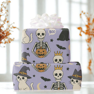 Papier Cadeau Skeletons d'Halloween violets, Chats de Sorcière e