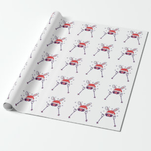 Papier Cadeau Ski Père Noël Rabbit avec Santa Hat et bâtons de s