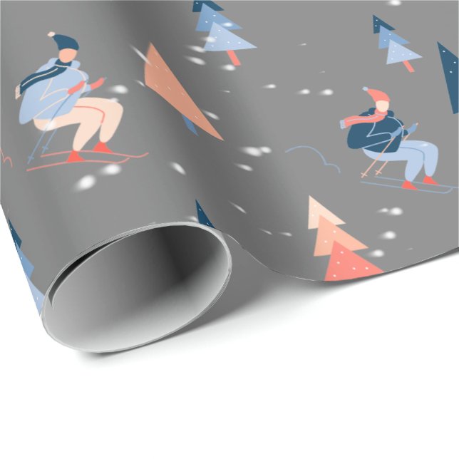 Papier Cadeau Skier Dans Les Snowflakes Sur Grey (Coin rond)