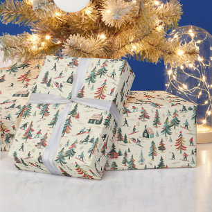 Papier Cadeau Skieurs et sapins : Motif de la scène d'hiver