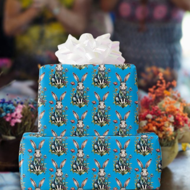Papier Cadeau Sky Blue Cute Aquarelle Bunny Floral Pâques (Créateur téléchargé)