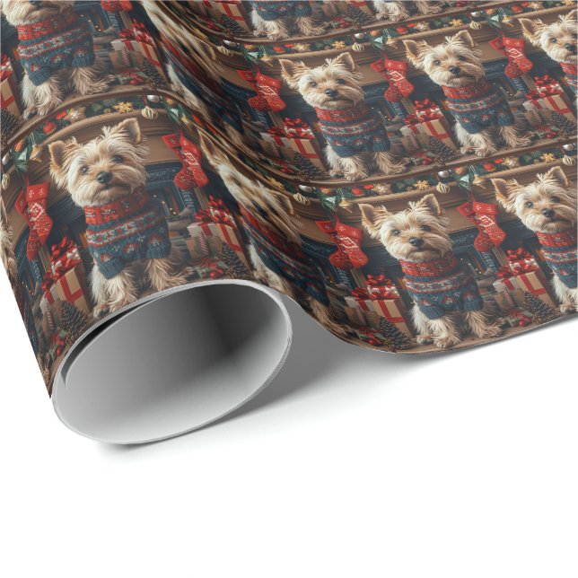 Papier Cadeau Skye Terrier Chien Avec Les Cadeaux De Noël Chemin (Coin rond)