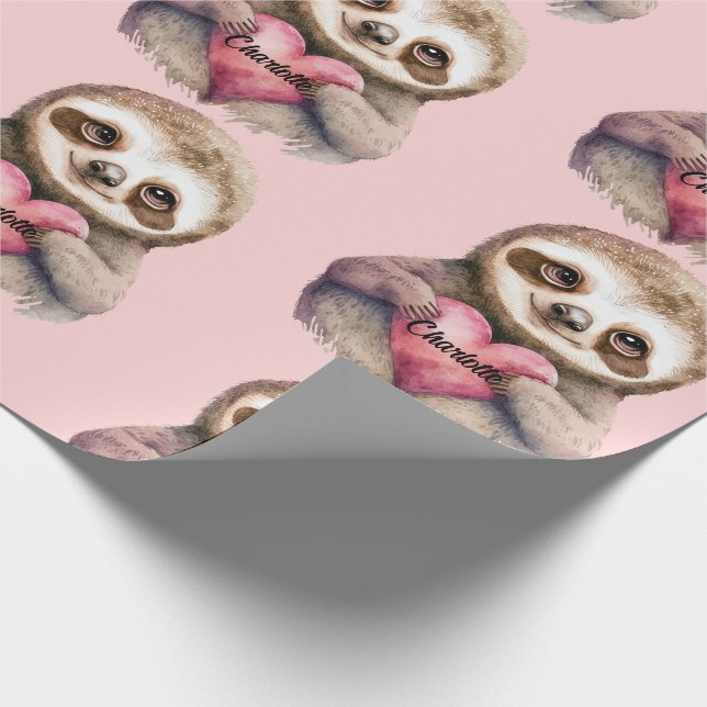 Papier Cadeau Sloth Heart & Big Eyes Aquarelle Ajouter un nom (Coin)