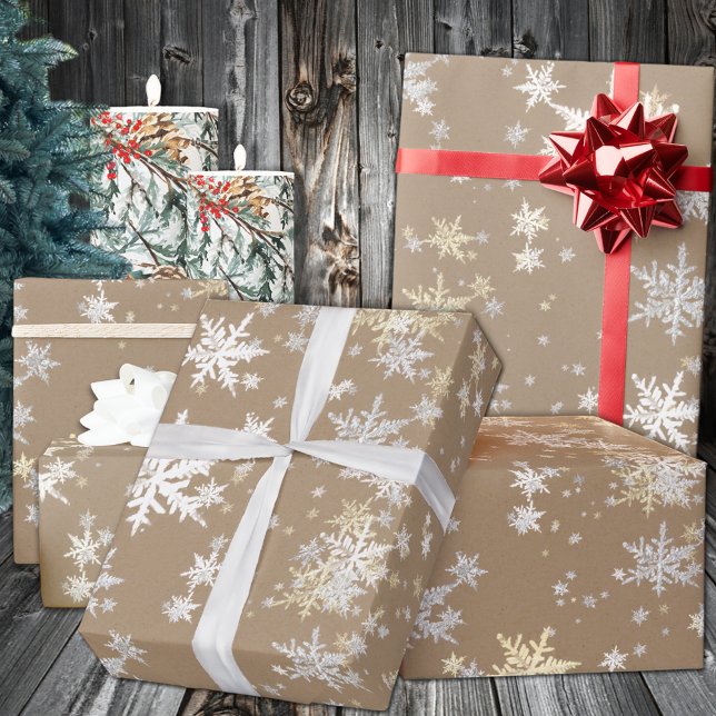 Papier Cadeau Snowflakes blanc argent Kraft Rustique (Rustic Kraft White Silver Gold Snowflakes Wrapping Paper
in 6 and 15 foot long 30)