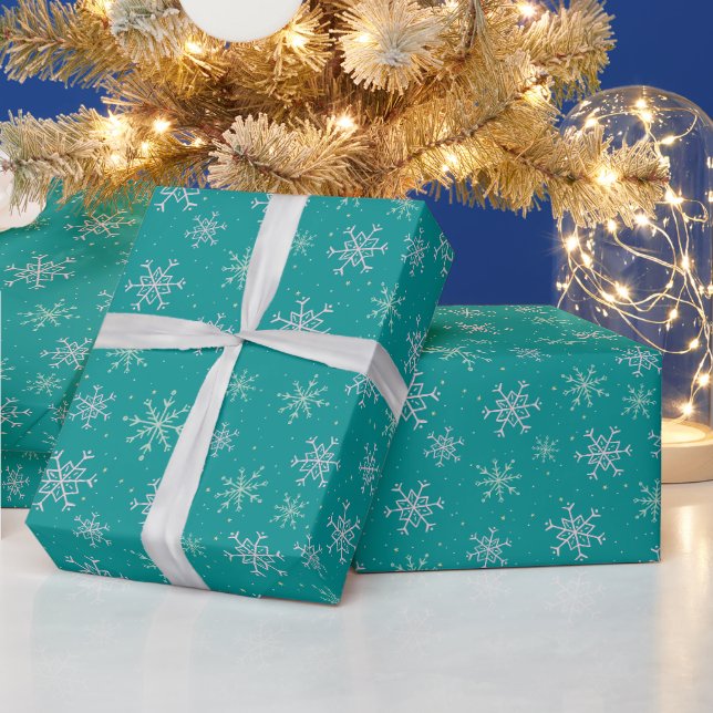 Papier Cadeau Snowflakes blanc et aqua peints à la main sur Turq (Vacances)