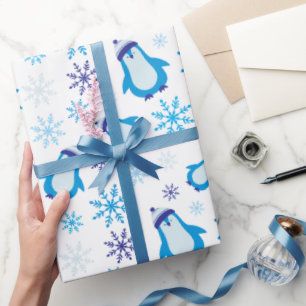 Papier Cadeau Snowflakes bleu et pingouins mignons Blanc sans jo