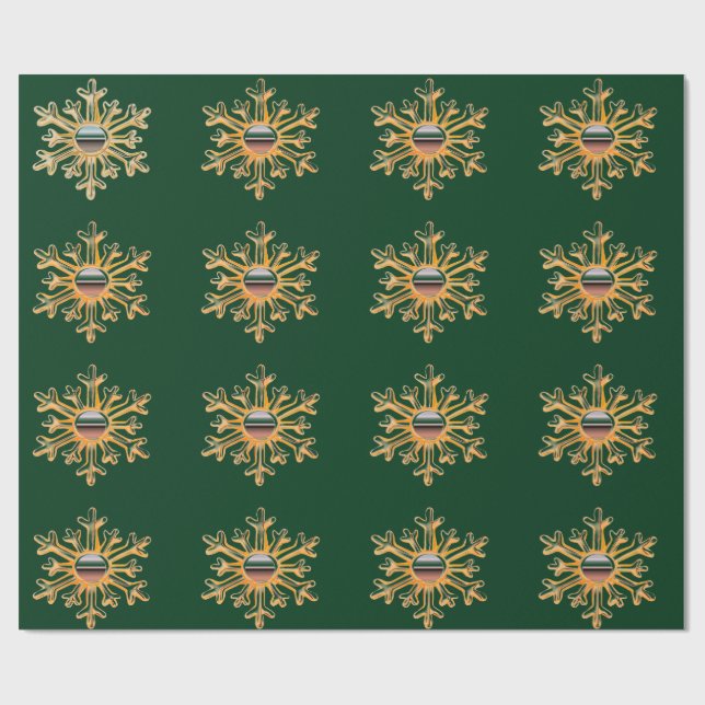 Papier Cadeau Snowflakes en or sur papier d'emballage vert (Plat)