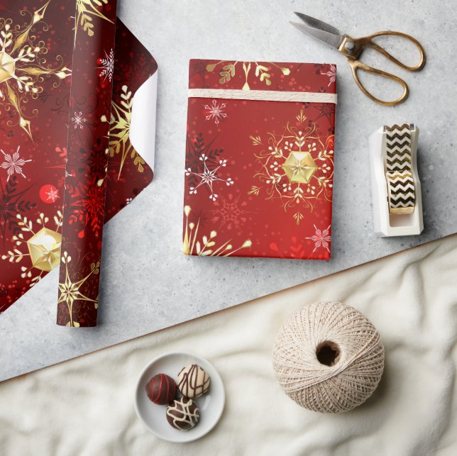 Papier Cadeau Snowflakes Gold Red Noël Cadeau de Noël (Artisanat)