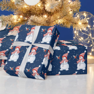 Papier Cadeau Snowman de Noël avec Oiseau en Bleu