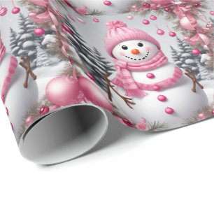 Papier Cadeau Snowman de Noël rose personnalisé