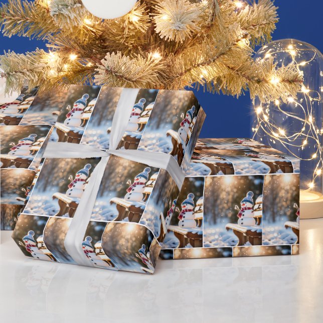 Papier Cadeau Snowman de Noël sur un banc de parc (Vacances)