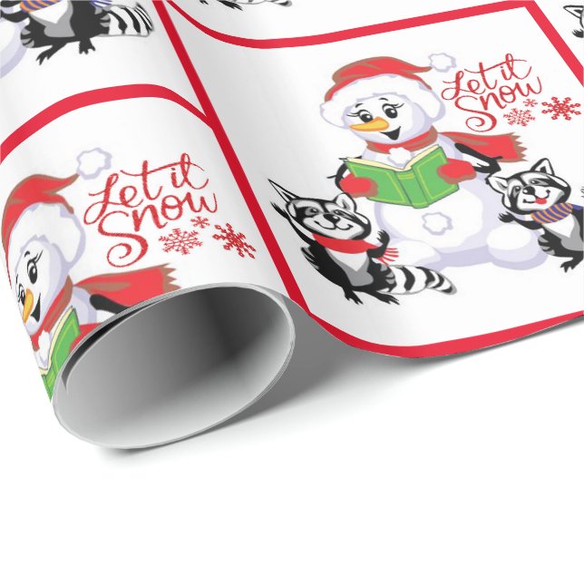 Papier Cadeau Snowman et Raccoons font neige Noël (Coin rond)