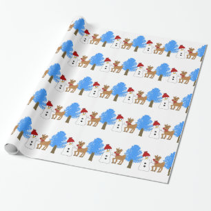 Papier Cadeau Snowman et Reindeer dans la forêt