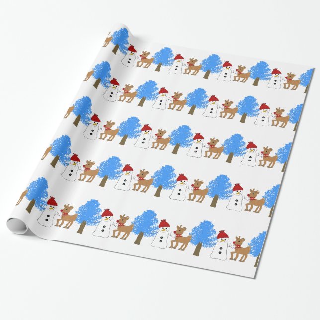 Papier Cadeau Snowman et Reindeer dans la forêt (Déroulé)