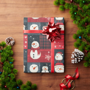 Papier Cadeau Snowman Tartan Plaid Rouge et Noir Noël
