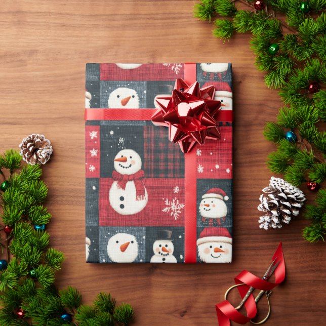Papier Cadeau Snowman Tartan Plaid Rouge et Noir Noël (Cadeau de vacances)
