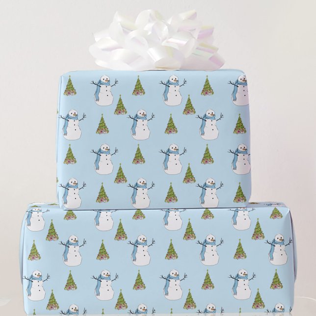 Papier Cadeau Snowman & Tree Light Blue Noël (Créateur téléchargé)