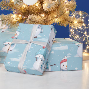 Papier Cadeau Snowmen and Snowflakes Bleu Blanc moderne Noël