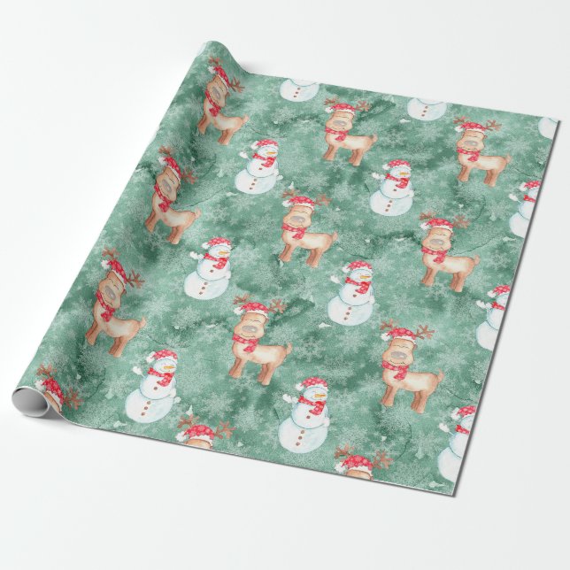Papier Cadeau Snowmen et rennes de Noël Whimssical - Vert (Déroulé)