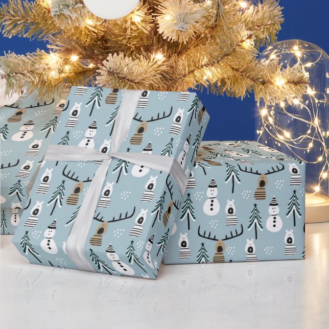Papier Cadeau Snowmen lunaire rennes et arbres (Vacances)