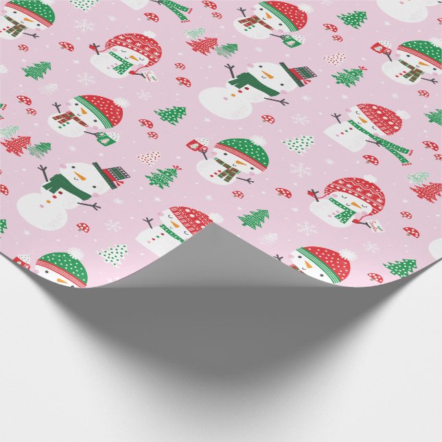 Papier Cadeau Snowmen mignon avec xmas sur rose clair (Coin)