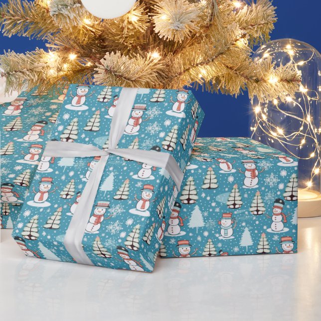 Papier Cadeau Snowmen Moderne Arbres de Noël Glace Bleu Noël (Vacances)