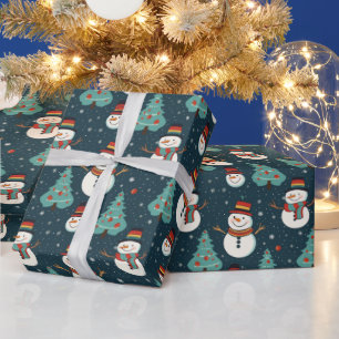 Papier Cadeau Snowmen Noël Arbres Snowflakes Green Noël