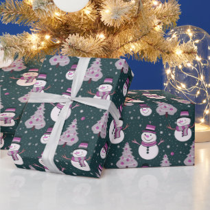 Papier Cadeau Snowmen Noël Arbres Snowflakes Green Noël