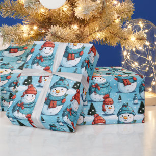 Papier Cadeau Snowmen Pine Trees neige Bleu Noël