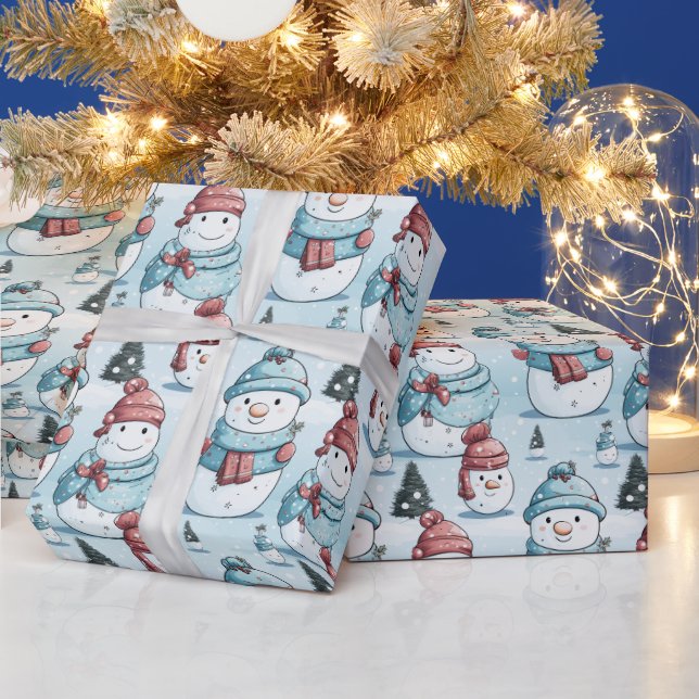 Papier Cadeau Snowmen Pine Trees Neige Glace Bleue Noël (Vacances)