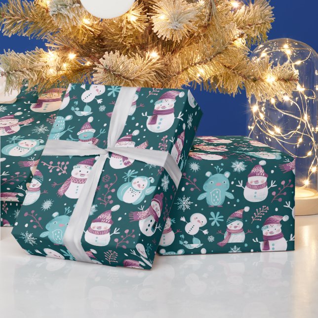 Papier Cadeau Snowmen Snowflakes Green Christmas (Vacances)