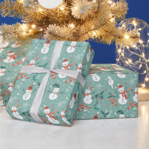 Papier Cadeau Snowmen Snowflakes Holly Feuilles Green Christmas