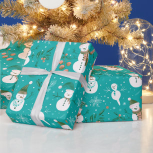 Papier Cadeau Snowmen Snowflakes Holly Feuilles Green Christmas
