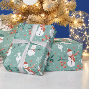 Papier Cadeau Snowmen Snowflakes Holly Feuilles Green Christmas