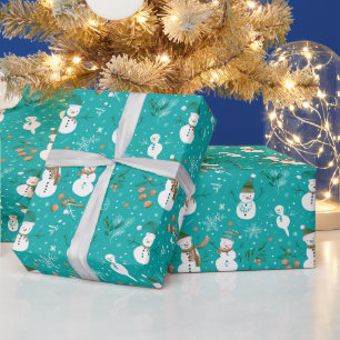 Papier Cadeau Snowmen Snowflakes Holly Feuilles Green Christmas