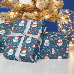 Papier Cadeau Snowmen Snowflakes Sucres de canne Green Christmas