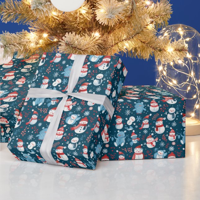 Papier Cadeau Snowmen Snowflakes Vert Noël bleu (Vacances)