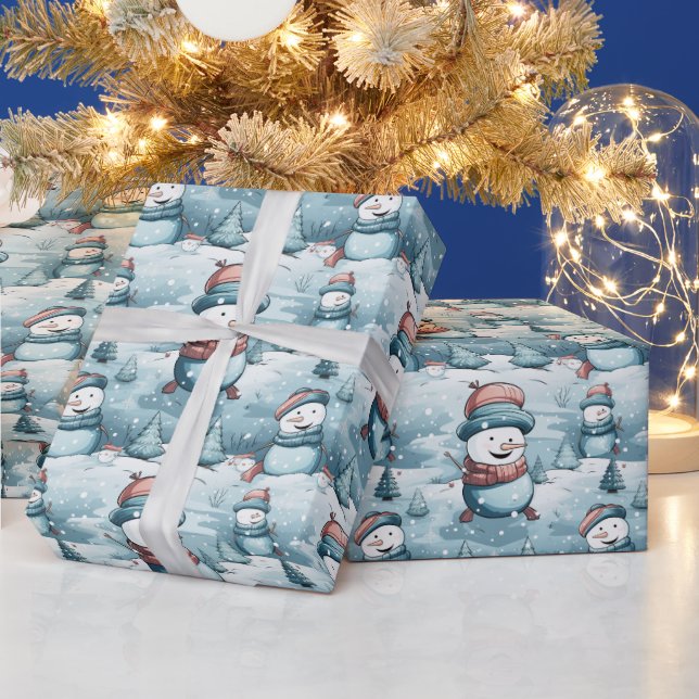 Papier Cadeau Snowmen Snowy Field Trees Ice Bleu Noël (Vacances)