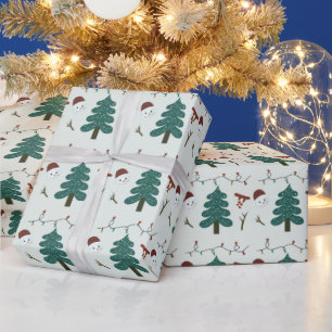 Papier Cadeau Snowmen vert et arbres de Noël Noël