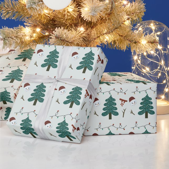 Papier Cadeau Snowmen vert et arbres de Noël Noël (Vacances)