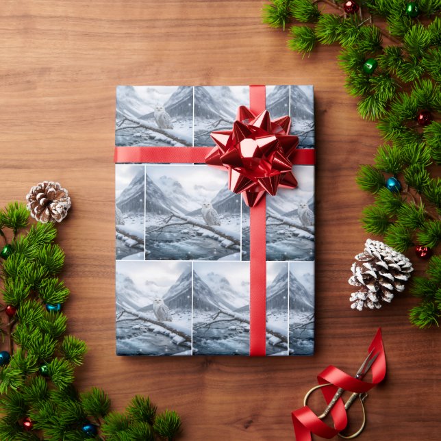 Papier Cadeau Snowy Owl On a Winter Tree Branch (Cadeau de vacances)