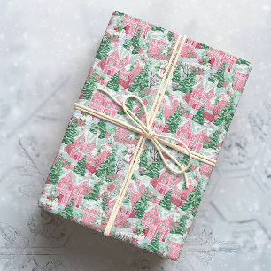 Papier Cadeau Snowy rose et vert ville de Noël