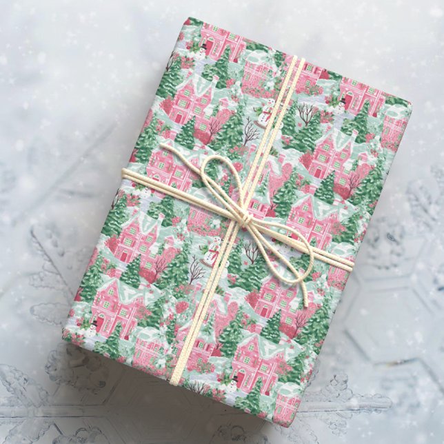 Papier Cadeau Snowy rose et vert ville de Noël (Créateur téléchargé)
