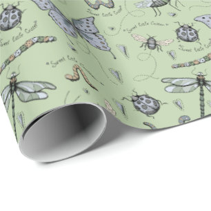 Papier Cadeau Soft Pastel Bleu et Vert Boho Baby Bugs Baby Baby