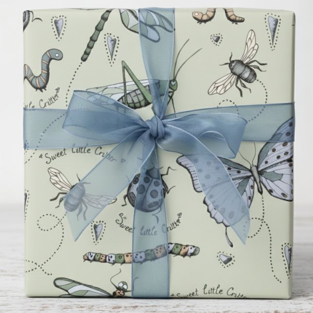 Papier Cadeau Soft Pastel Blue & Sage Boho Baby Bugs Enfants Béb (Modern Insect Wrapping Paper for Boy Birthday & Baby Shower. Bug & Beetle Pattern in Blue & Green)
