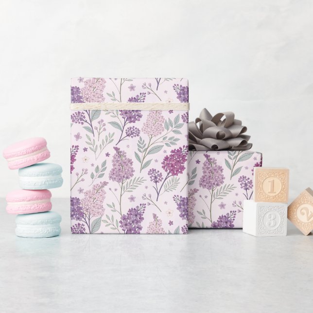 Papier Cadeau Soft Pink and Purple Lilac Floral Pattern   (Baby Shower)