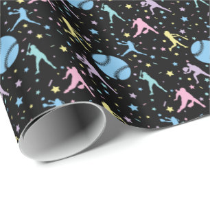 Papier Cadeau Softball Féminin - Joueuses avec Étoiles