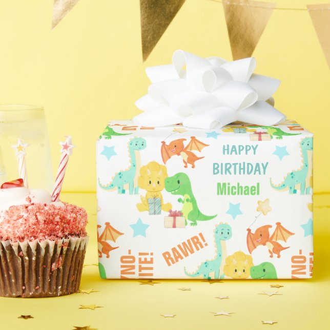 Papier Cadeau Soirée Anniversaire de enfant Dinosaure aux couleu (Fête d'anniversaire)